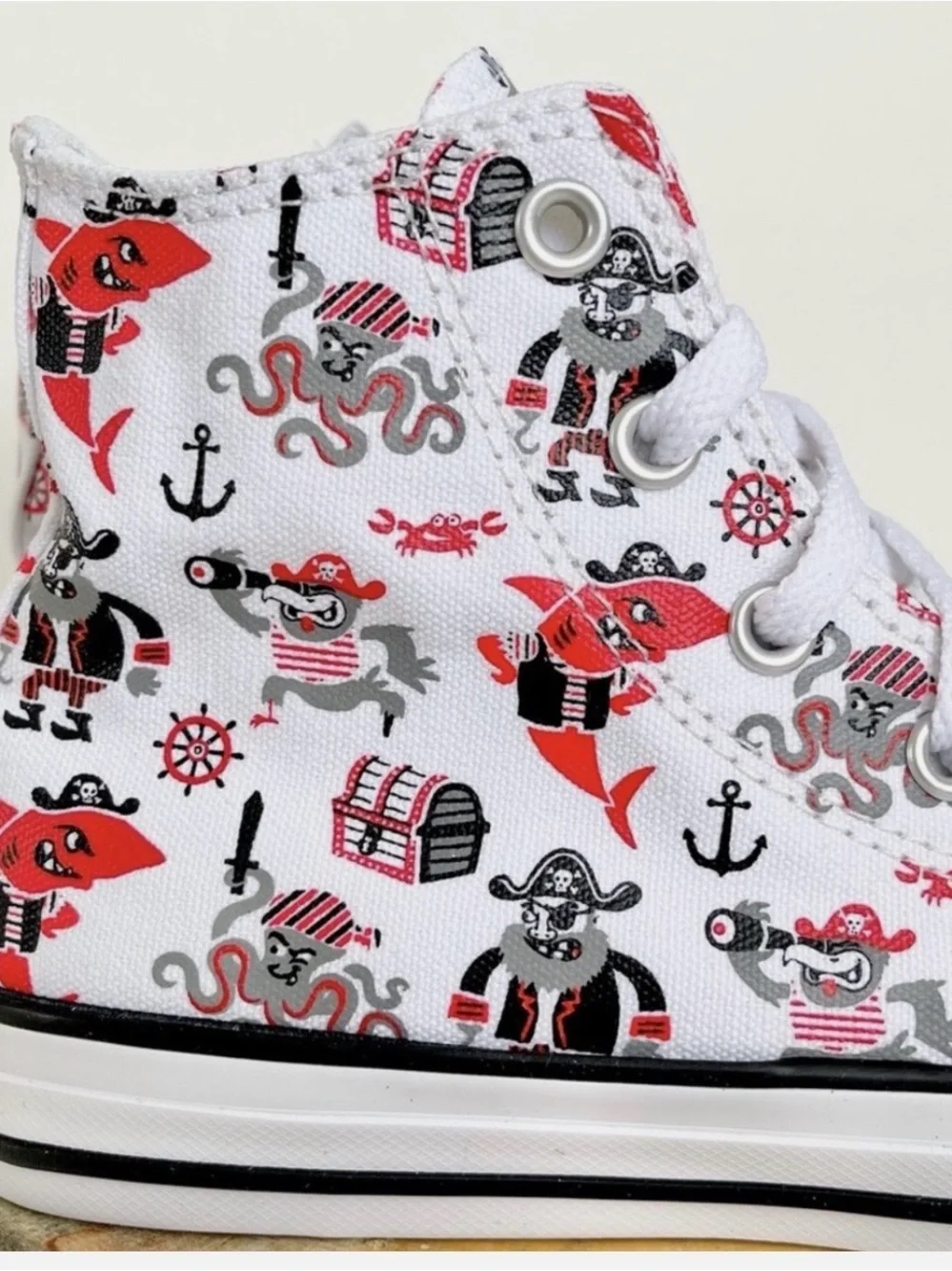 Converse Kids White High-Top Sneakers with Red & Black Pirate Print